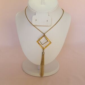 Gold Tone Geometric Square Modernist Chain Tassel Pendant Dangle Necklace